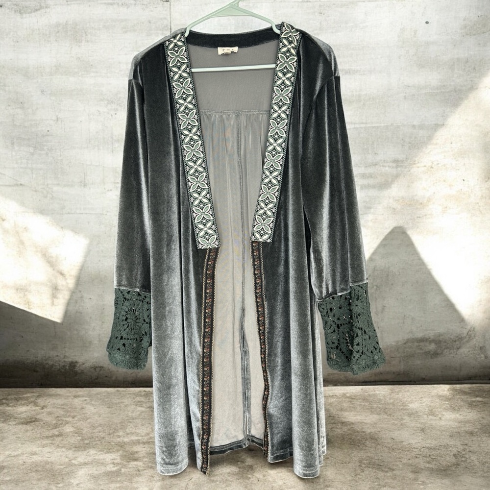 POL Velour Crocheted Lace Boho Trim Open Duster Cardigan With Dark Green.